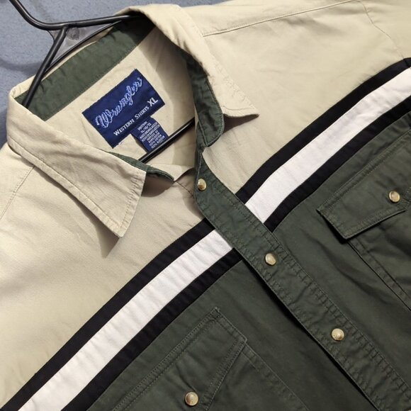 Wrangler Shirt Men's XL Green And Tan Snap Button Long Sleeve Western - Picture 1 of 11